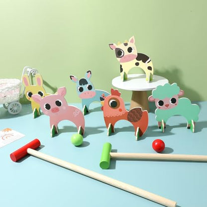 TOYANDONA Kids Croquet Set, Cartoon Wooden Animal Croquet Set Funny Lawn Games for Boys Girls