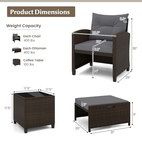 Tangkula 5 Pieces Patio Conversation Set, PE Wicker Rattan Outdoor Furniture Set with 2 Chairs, 2 Ottomans & Tempered Glass Coffee Table, Ideal for Poolside, Backyard, Lawn, Deck, Mix Brown & Grey - color: Mix Brown & Grey