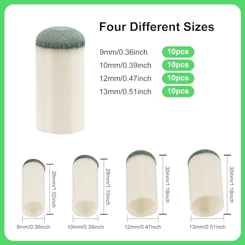 XIHIRCD 40pcs Slip On Pool Cue Tips, 4 Sizes Pool Stick Tips No Glue or Tool Required Billiard Cue Tips Replacement 9mm, 10mm, 12mm, 13mm Billiard Stick Tips for Snooker and Pool Cues