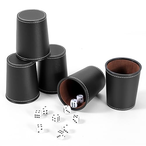 5X Dice Cup Set, PU Leather Dice Shaker Cups with 30 Dices for Bar Party Yahtzee Farkle Dice Games, Coffee (5, Black) - color: Black X5