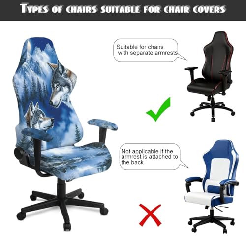 Wolf Print 4Pcs Gaming Chair Cover Set Comfortable Breathable Computer Office Chair Cover with Armrest Covers Universal Fit for Desk/Swivel/Rotating Chairs Protector - color: Blue - Wolf