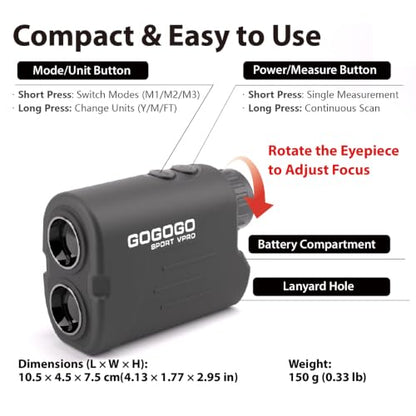 Gogogo Sport Vpro GS03 Laser Golf/Hunting Rangefinder, 1000/1200 Yards Laser Range Finder with 6X Magnification Ultra-Clear View, Lightweight, Slope, Pin-Seeker & Flag-Lock & Vibration - color: GS03