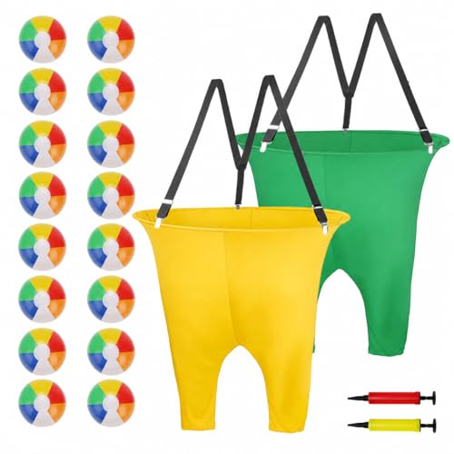 2 Pcs Granny Pants Yard Game with Suspenders, 16 Bouncy Balls & 2 Pumps - Hilarious Outdoor Party Game for Adults, Kids, Family Reunions & Field Days - color: yellow & green