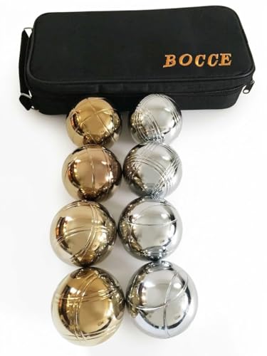 BuyBocceBalls Listing - 73mm Metal Bocce and Petanque Set with 8 Gold and Silver Balls (4 Striping Patterns) and Green Bag - Single