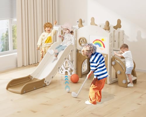 YUFU 12 in 1 Kids Slide for Toddlers, Toddler Slide Playset with Golf, Drawing Board, Climber, Basketball Hoop and Storage Space, Indoor Outdoor Toddler Playground for Kids Age 1-3 (Brown) - color: Brown