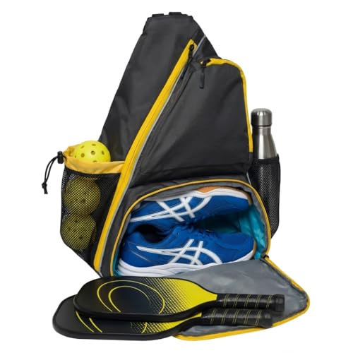 Pickleball Sling Bag with Shoe Compartment - Crossbody Backpack Fits 2 Paddles, 32oz Bottle & Fence Hook, Sports Bag for Men & Women (Shoe Limit: up to US Men's 10 / Women's 11.5) - color: Grey/Yellow