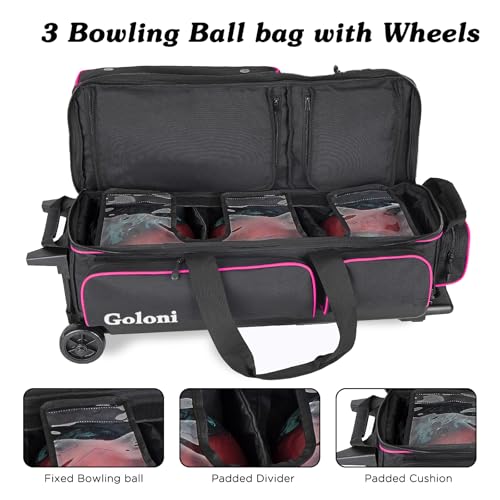 Goloni 3 Ball Bowling Bags with Wheels - Rolling Bowling Bag for 3 Balls & Accessories - Retractable Handle Extends to 38 - color: pink