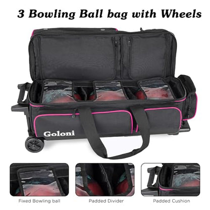 Goloni 3 Ball Bowling Bags with Wheels - Rolling Bowling Bag for 3 Balls & Accessories - Retractable Handle Extends to 38 - color: pink