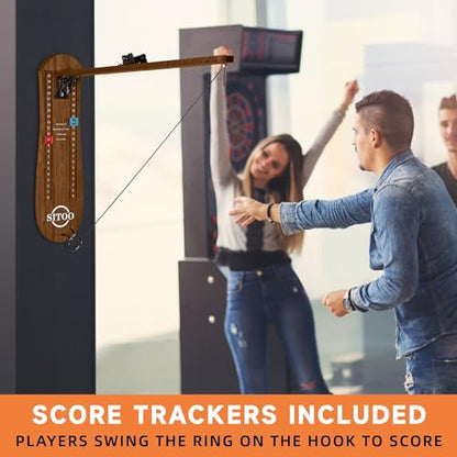 Ring Toss Game for Adults, Outdoors Games, Wall Mounted Hook and Ring Game with Foldable Arm - color: Walnut