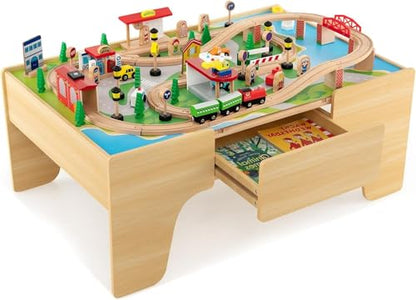 Costzon Train Table, 3-in-1 Wooden Train Set Table w/Reversible 84 PCS Track Train Toys, Table Map & Storage Drawer for Building, Playing, Studying, Kids Activity Table for Toddlers Aged 18 M+ - size: 38" x 24.5" x 15.5" (L x W x H)