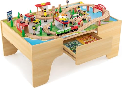 Costzon Train Table, 3-in-1 Wooden Train Set Table w/Reversible 84 PCS Track Train Toys, Table Map & Storage Drawer for Building, Playing, Studying, Kids Activity Table for Toddlers Aged 18 M+ - size: 38" x 24.5" x 15.5" (L x W x H)