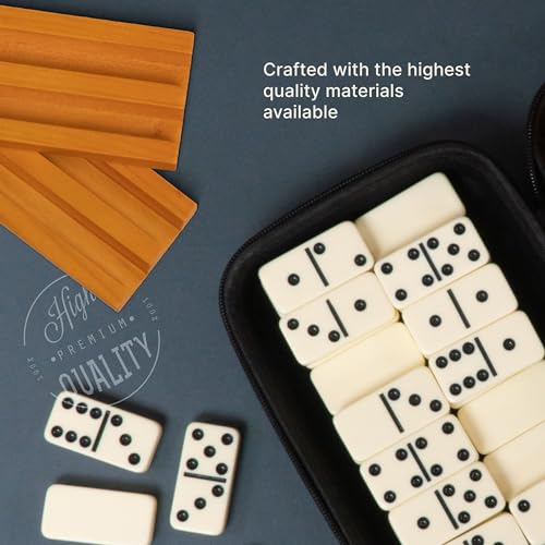 Queensell Dominos Set for Adults with 4 Domino Racks - Double 6 Dominoes Set with Domino Holder, Classic Board Games for Kids and Adults - Double Six Standard Dominos Set 28 Tiles with Travel Case - style: D6 + 4 Holders