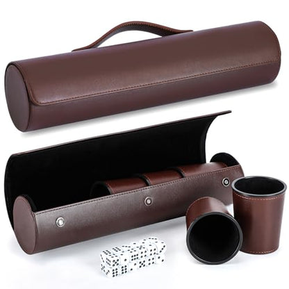 Leather Dice Cup Set, 5 Black Dice Cups + 25 Dices + Exclusive Storage and Transport Case Made of Faux Leather (Brown x2) - color: Brown X2