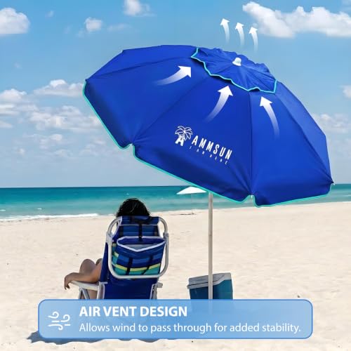 AMMSUN 6.5ft twice folded Portable beach umbrella with sand anchor windproof, Push Button Tilt and Air vent UPF 50+ Protection Fits in a large Suitcase for Patio Garden Beach Pool Backyard Blue - color: 6.5ft Blue