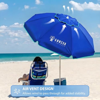 AMMSUN 6.5ft twice folded Portable beach umbrella with sand anchor windproof, Push Button Tilt and Air vent UPF 50+ Protection Fits in a large Suitcase for Patio Garden Beach Pool Backyard Blue - color: 6.5ft Blue