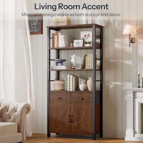 HOOBRO Bookshelf with Doors, Rustic Bookshelf with Drawers, Industrial Display Standing Shelf Units, Wooden and Metal Storage Shelf for Living Room, Home Office, Dining Room, Walnut and Black BH75SJ01