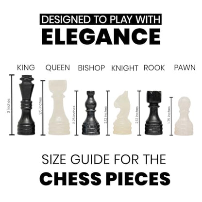 Handcrafted Premium Marble Chess Pieces Set – Elegant 32-Piece Replacement for 12-15 Inch Chess Boards Storage Box (Black and Onyx) - color: Black and Onyx
