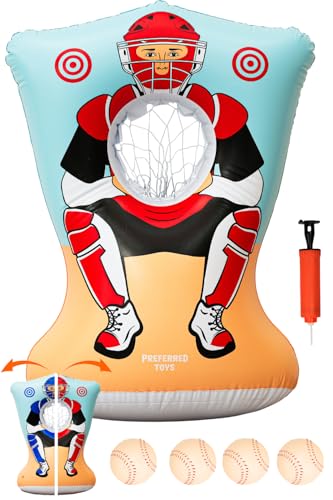 Preferred Toys Inflatable Baseball Pitching Target for Kids 3 and Above - Double-Sided Throwing Toss Game with 4 Soft Balls - Indoor Outdoor Baseball Toys Training Equipment - Red/Blue