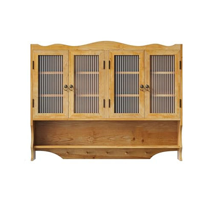 Retro Style Haze Four Glass Door Wood Wall Cabinet with Detachable Shelves for Office, Dining Room,Living Room, Kitchen and Bathroom - color: Natural(4)