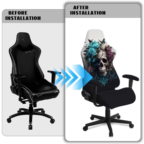 4 Pieces Gaming Chair Slip Cover Set Skull Rose Butterfly Print Game Chair Cover with Armrest Covers, Universal Fit, Machine Washable - color: Black - Skull Rose Butterfly