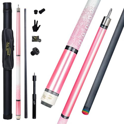 Carbon Fiber Pool Cue Stick 12.5mm Rainbow Tip Low Deflection Pool Stick with Uni-loc Pin Joint and Extension Pool Stick-20 oz - color: Pink-Pro