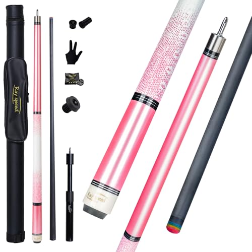 Carbon Fiber Pool Cue Stick 12.5mm Rainbow Tip Low Deflection Pool Stick with Uni-loc Pin Joint and Extension Pool Stick-20 oz - color: Pink-Pro