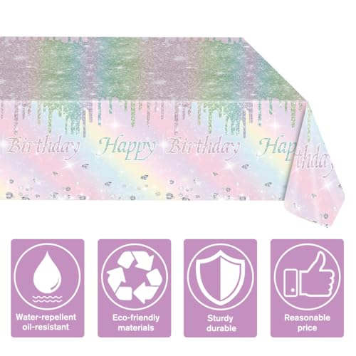 Kesfey 3 Packs Rainbow Birthday Plastic Tablecloths 54×108 Inch Silver Rainbow Tie Dye Party Table Cloth Disposable Waterproof Pastel Silver Sprinkle Glitter Table Cover for Birthdays Party - color: Rainbow Birthday