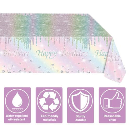 Kesfey 3 Packs Rainbow Birthday Plastic Tablecloths 54×108 Inch Silver Rainbow Tie Dye Party Table Cloth Disposable Waterproof Pastel Silver Sprinkle Glitter Table Cover for Birthdays Party - color: Rainbow Birthday