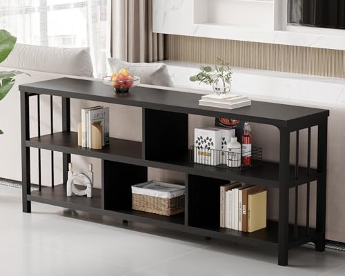 IBF 63” Black Bookshelf, Industrial Long Open Horizontal Cube Book Shelf, Low Wide Home 5 Cube Storage Organizer Shelf for Bedroom, Wood and Metal Cubby Bookcase for Living Room, Black Oak, 63 Inch - color: Black Oak, size: 63 inch