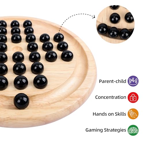 Offelec Wooden Solitaire Board Game with 33 Piece Black Glass Marbles Classic One Player Gameplay Strategy Puzzle Board Games Kids & Adults Fun Family Tabletop Toys, Birthday Gift,Table Games - color: Black Solitaire