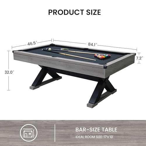 7 ft Pool Table, 84” Billiard Table with Billiard Balls, Cues, Cleaning Brush, X-Shaped Legs and Black Cloth, for Family Game Room, Adult Rrec Room, Basements or Garage