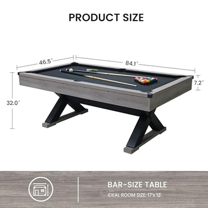 KEIKI 7FT Pool Table with Billiard Balls, Cues, Pool Cue Chalk, Cleaning Brush, X-Legs, Black Cloth, Rustic Grey