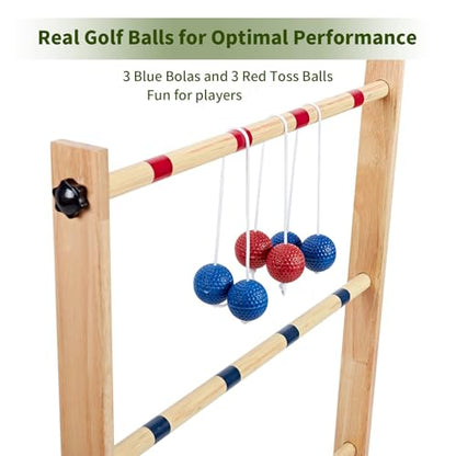 ApudArmis Ladder Toss Game Set, 35x26In Pine Wooden Golf Ladder Lawn Game with 6 Bolos Balls and Carrying Case - Outdoor Backyard Game for Teens Adults Family（New Version Sturdy Bolts）