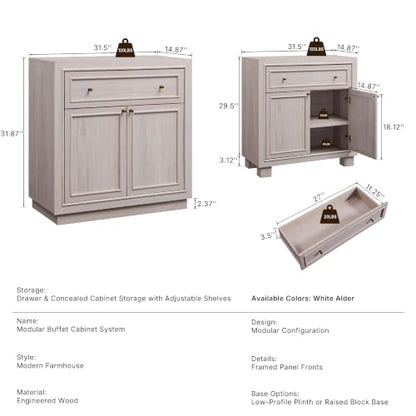 ACCOHOHO Modern Farmhouse Buffet Cabinet, 31.5" Sideboard Credenza, Modular Storage Cabinet with Framed Panel Fronts, Adjustable Shelves & Dual Base Design, White Alder - color: White Alder, size: 1 Piece
