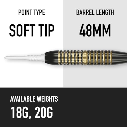 DW Ironhorse Brass Soft Tip Darts, 18G / 20G | Pixel Tip Dart Set with Storage Case Wallet, Black & Gold Darts, Plastic Tips, Professional Darts Accessories