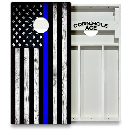 CornholeAce American Flag Series All Weather Pro Cornhole Board Set - Waterproof 4x2 Regulation Size, Made in USA, Triple Wide Legs, 3/4" PVC, Tournament Boards, Rainproof Outdoor Set (2 Boards) - color: Thin Blue Line Police Flag