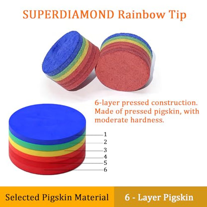SUPERDIAMOND Pool Cue Tips 14mm, Premium 6-Layer Pig Skin Leather, High Elasticity & Durability Billiard Tips for Pool Sticks and Snooker Cues, Perfect for Professional Players and Beginners - style: Billiard Cue Tips-Rainbow-5pcs