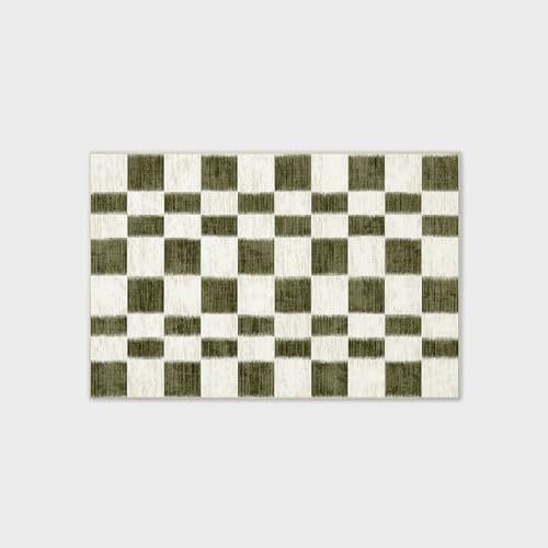 EVERGRACE Checkered Plaid Area Rug 2x3, Soft Fuzzy Faux Wool Rugs Washable Anti Slip Rugs Small Rug Carpet for Entryway Bedroom Living Room Hallway Kitchen Dining Room and Laundry Room, Olive Green - color: Olive Green, size: 2' x 3' (Rectangular)
