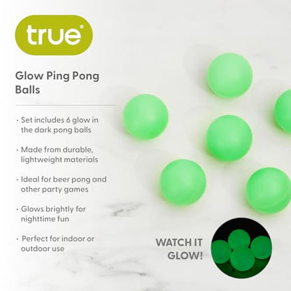 True Glow in the Dark Ping Pong Balls, Durable Lightweight Tennis Ball, Fun Drinking Games, Perfect for Indoor and Outdoor, Game Night, Party Supplies, Set of 6