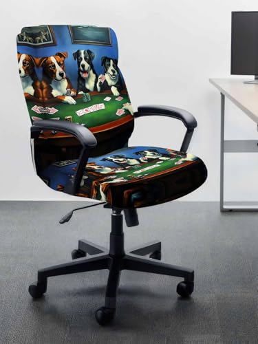 Abstract Animal Office Chair Cover, Dog in The Room Play Poker Games Universal Stretch Desk Rotating Chair Slipcovers, Removable Seat Protector with Zipper, M - color: Dark Green Brown, size: Medium