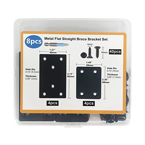QSJ 8 Pack Black Flat Mending Plate 3.15x1.57‘’ & 2.36x1.49'', Stainless Steel Bracket, Straight Metal Brace Bracket, Fixing Joining Plate for Wood Furniture Fastening & Fixing - size: Black, 3.15x1.57‘’ & 2.36x1.49''