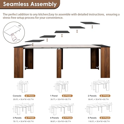 20"-118" Extendable Dining Table for 2-12 People, Modern Modular Extension Table, Space-Saving Extra Long Multifunctional Folding Dining Table, Walnut&Black - color: Black & Walnut, style: 20" - 118.5" (2-12 People)