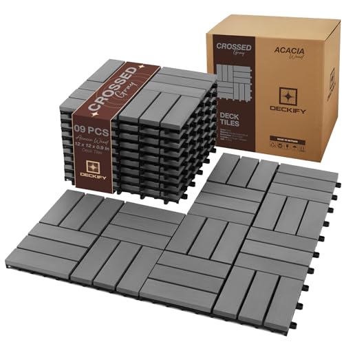 9Pcs Premium Acacia Wood Interlocking Patio Deck Tiles, 12 x 12 x 0.9 Inch Outdoor Flooring, Waterproof for All-Weather Use – Crossed, Gray