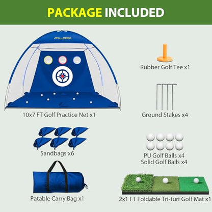 FILORI Heavy Duty Golf Practice Net 10x7FT with Tri-Turf Mat, All-in-One Golf Training Aid for Backyard Driving Chipping Swing, Indoor Outdoor Use, Blue