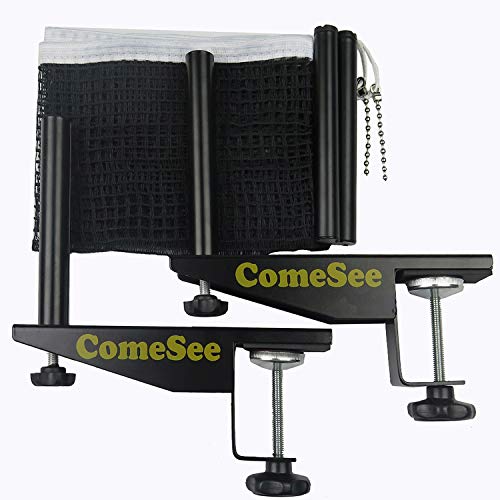 Comesee Professional Table Tennis Ping Pong Net Post Set Strength Screw Clamp with Net Clip Insert, 1.5 Inch Width Grip Holder, Tension and Height Adjustable Easy Set Up (Black)