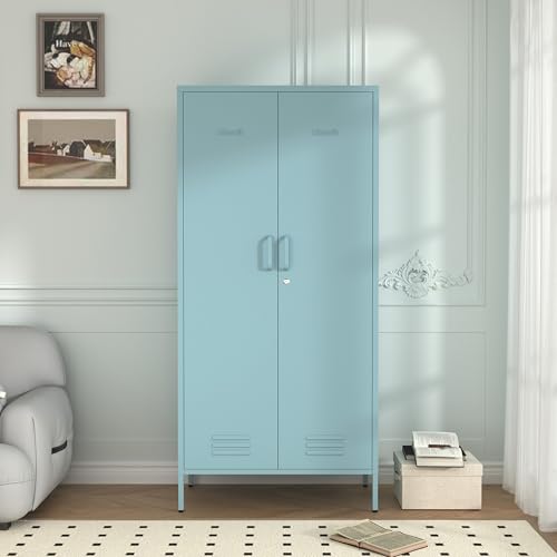 Industrial 67" Blue Lockable Metal 2-Door Storage Cabinet, Multi-Purpose Wardrobe with Hanging Rod & Adjustable Shelves, Heavy Duty for Bedroom, Garage, Home Office 67" H X 31.5" W X 18.1" D - color: Ocean, style: Wardrobe-67"H-JS