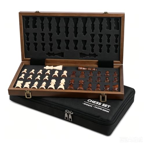 Rinten Wooden Chess Set with Folding Board - 15" Classic Magnetic Chess Set with Protective Bag for Adults, Chess Lovers Tournament Professional Beginner - color: Wood-brown+black Bag, size: 15 IN