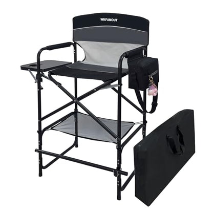 Tall Folding Director Chair 30.7" Seat Height Foldable Bar Stool for Makeup Artist Face Painting with Side Table Carry Bag and Cosmetic Bag Supports 250LBS - color: Black
