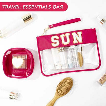 BuyCard Preppy Patch Sun Cosmetic Bag Summer Sunscreen Toiletry Bag Portable PVC & Nylon Waterproof Makeup Bag Daily Use Storage Purse Travel Swimming Beach Bag for Women Girls - color: Pink
