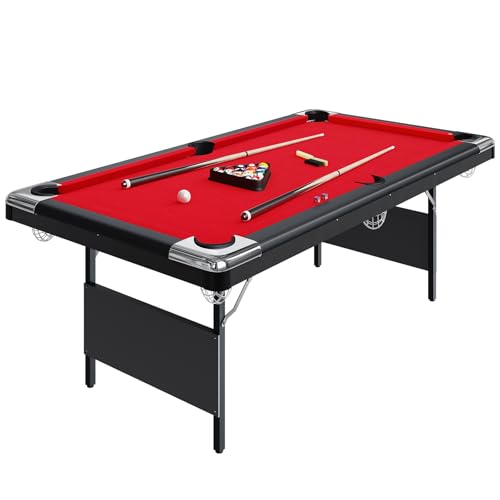 6-7 Ft Folding Pool Table, Portable Pool Table, Billiard Table Set Includes Balls, Cues, Chalks and Brush, for Family Game Room, Adult Rrec Room, Basements - color: Red, size: 7FT